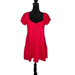 Free People Short‎ Sleeve Button Front Tiered Boho Festival Dress Red Medium NWT